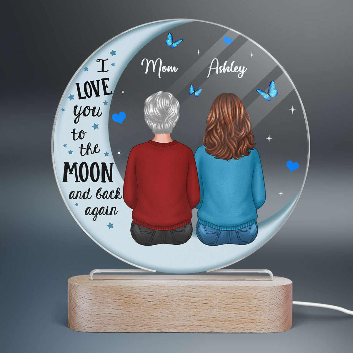 Mom And Children Blue Moon Personalized Circle Plaque LED Night Light