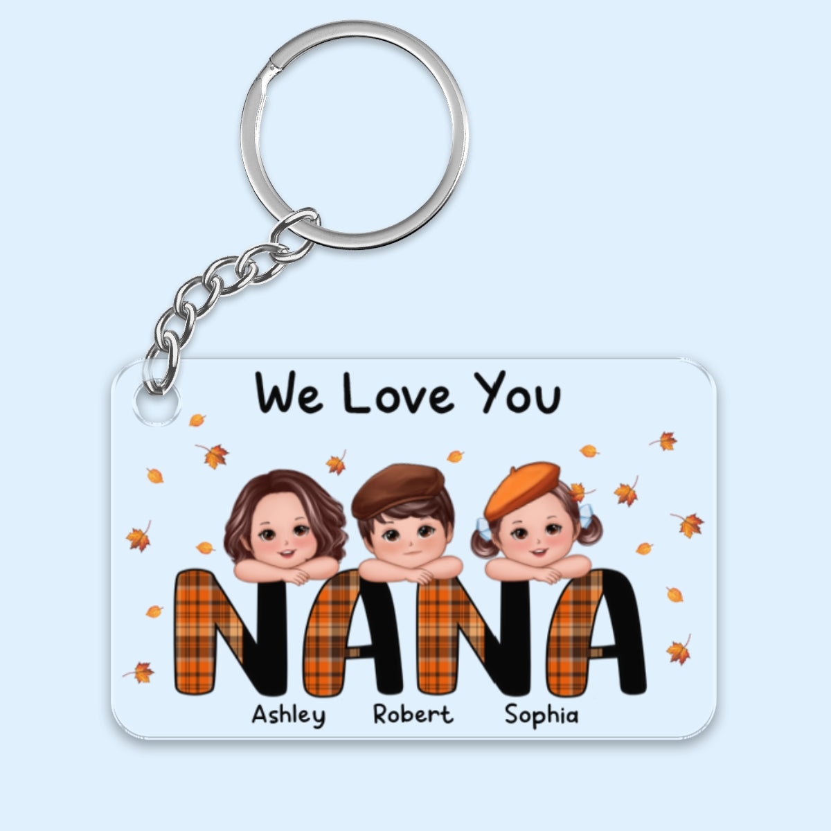 We Love You Grandma Mom Plaid Pattern Kids On Hand Fall Season Personalized Acrylic Keychain