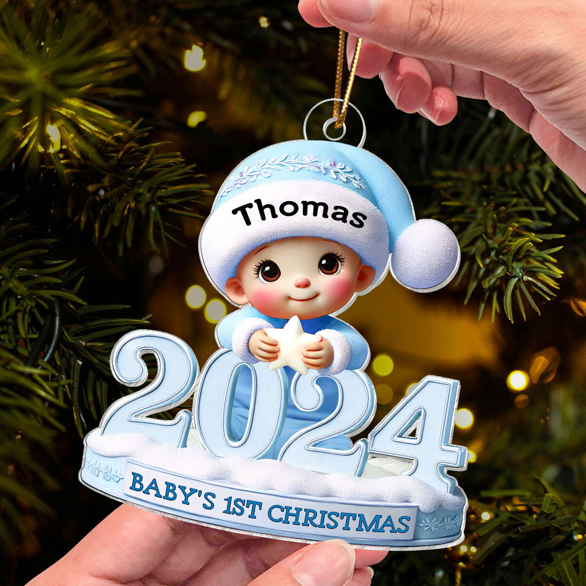 Baby Sitting With 2024 Baby's First Christmas 3D Effect Personalized Acrylic Flat Ornament
