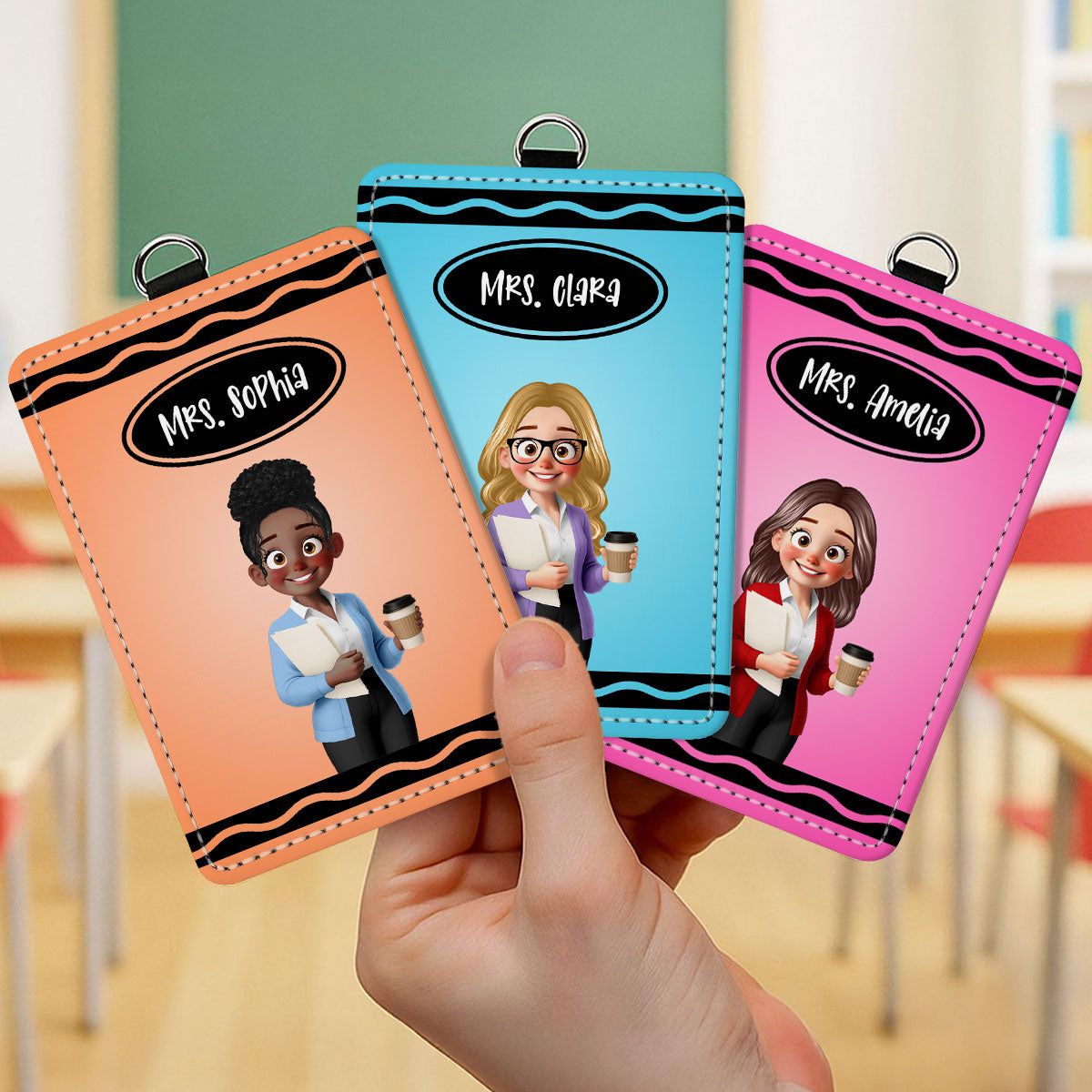 Crayon Themed Cartoon Teacher Personalized ID Badge Holder, Back To School Gift
