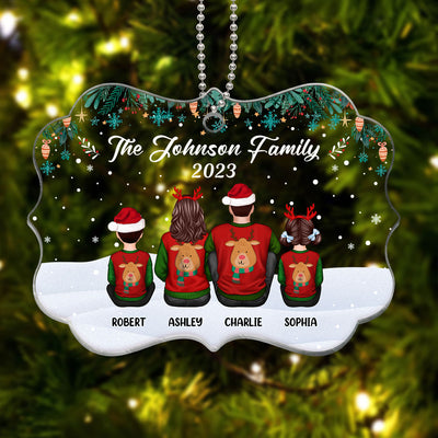 Green Snowflake Family Sitting Back View Personalized Acrylic Ornament
