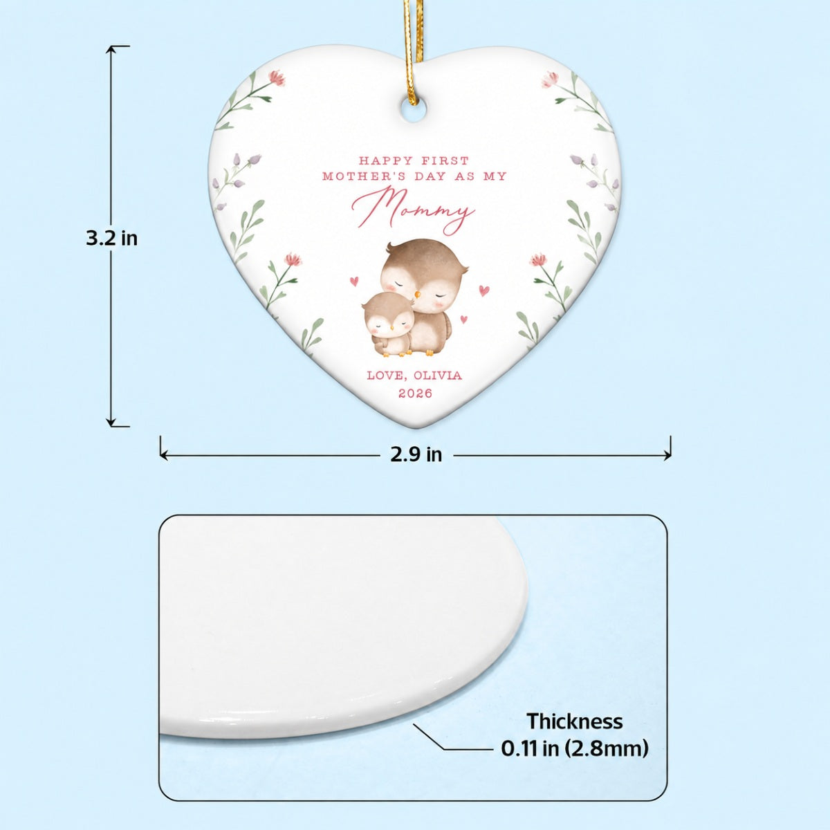 Cute Animals Personalized Heart Ceramic Ornament, Heartfelt First Gift for Mom, Gift for Grandma