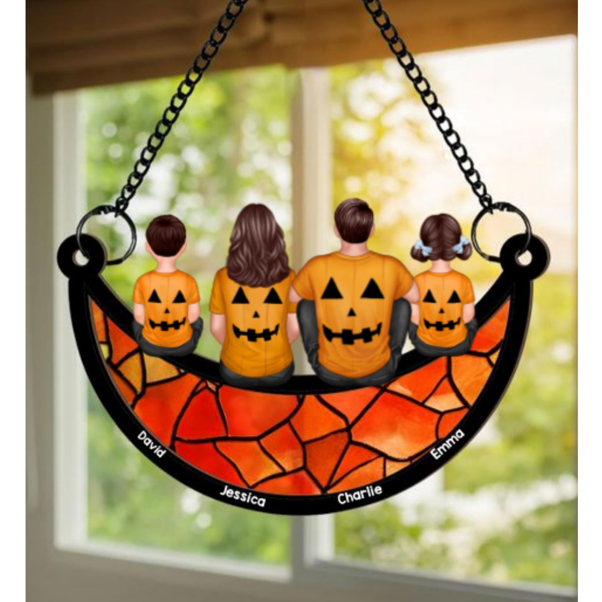 Halloween Family On Moon Personalized Suncatcher, Halloween Decoration