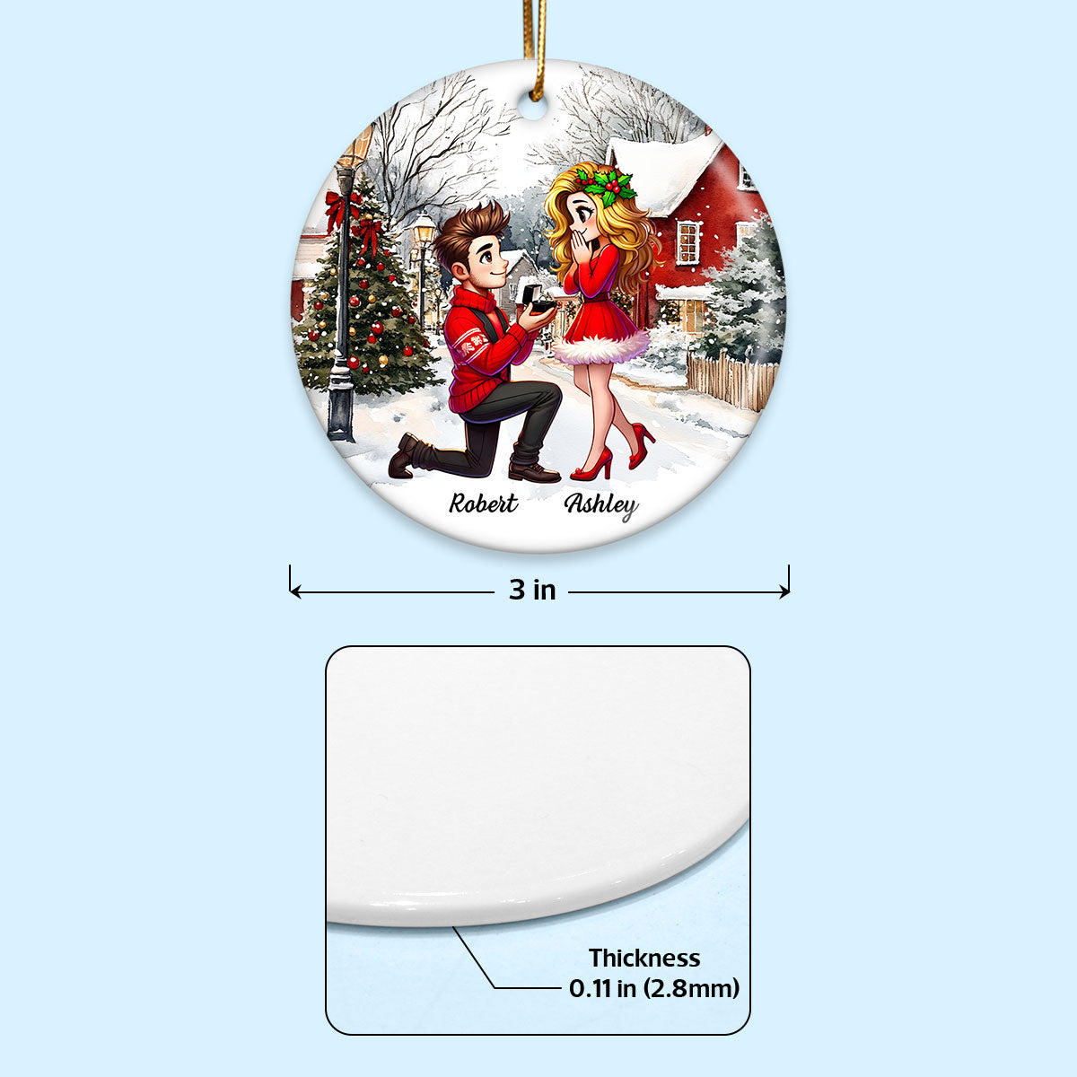 Snowy Scene Couple Marriage Proposal Personalized Ceramic Ornament, Custom Just Engaged Christmas Gifts for Couples