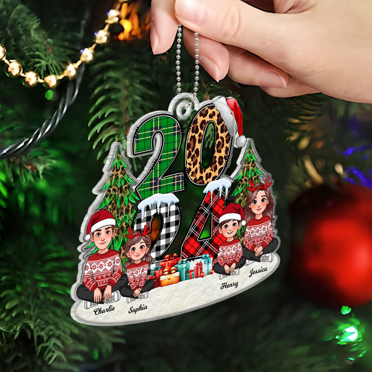 Christmas Animated Family Sitting 2024 Stacked Pattern Personalized Acrylic Ornament