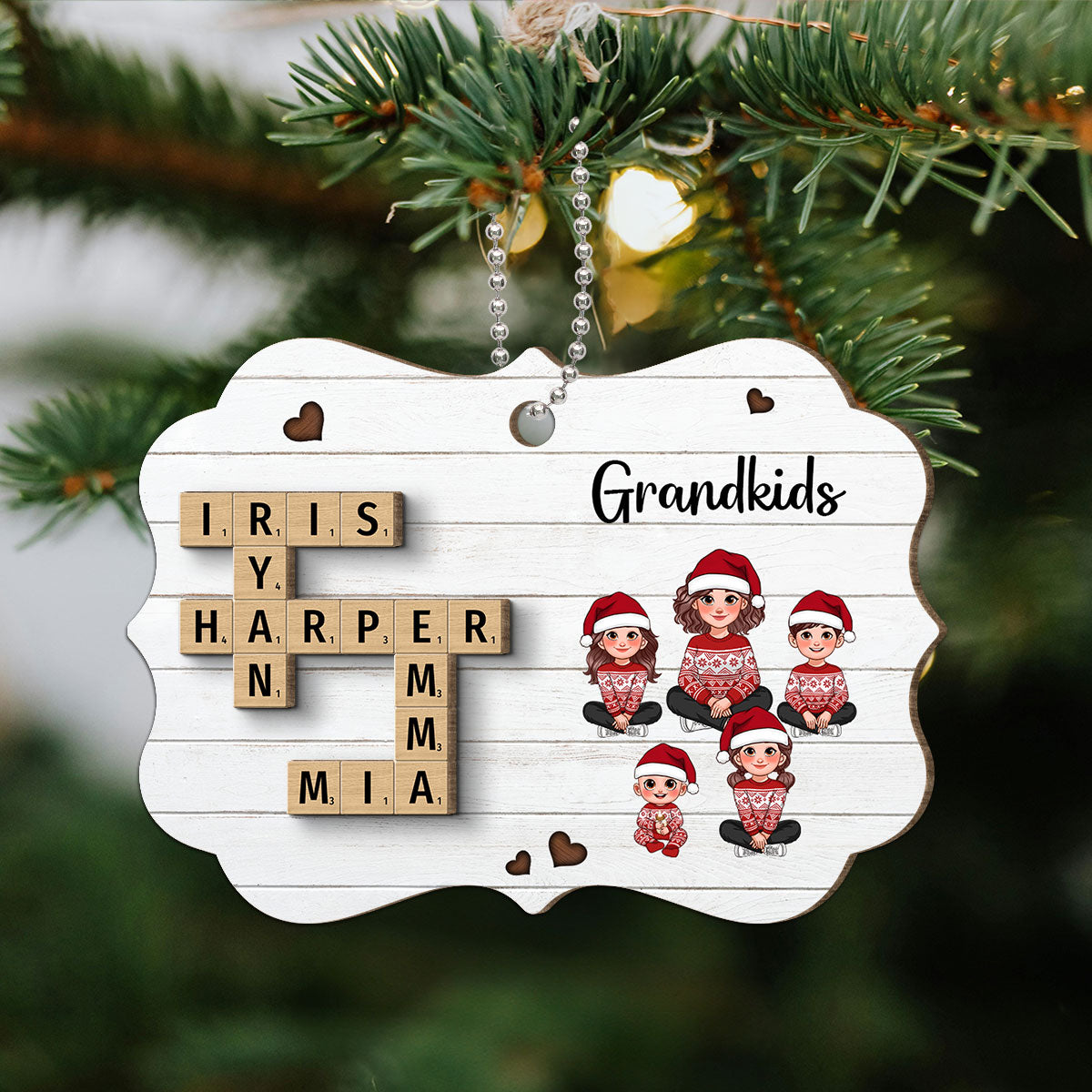 Crossword Puzzle Art Animated Grandma Grandkids Sitting Christmas Personalized 2-Layer Wooden Ornament