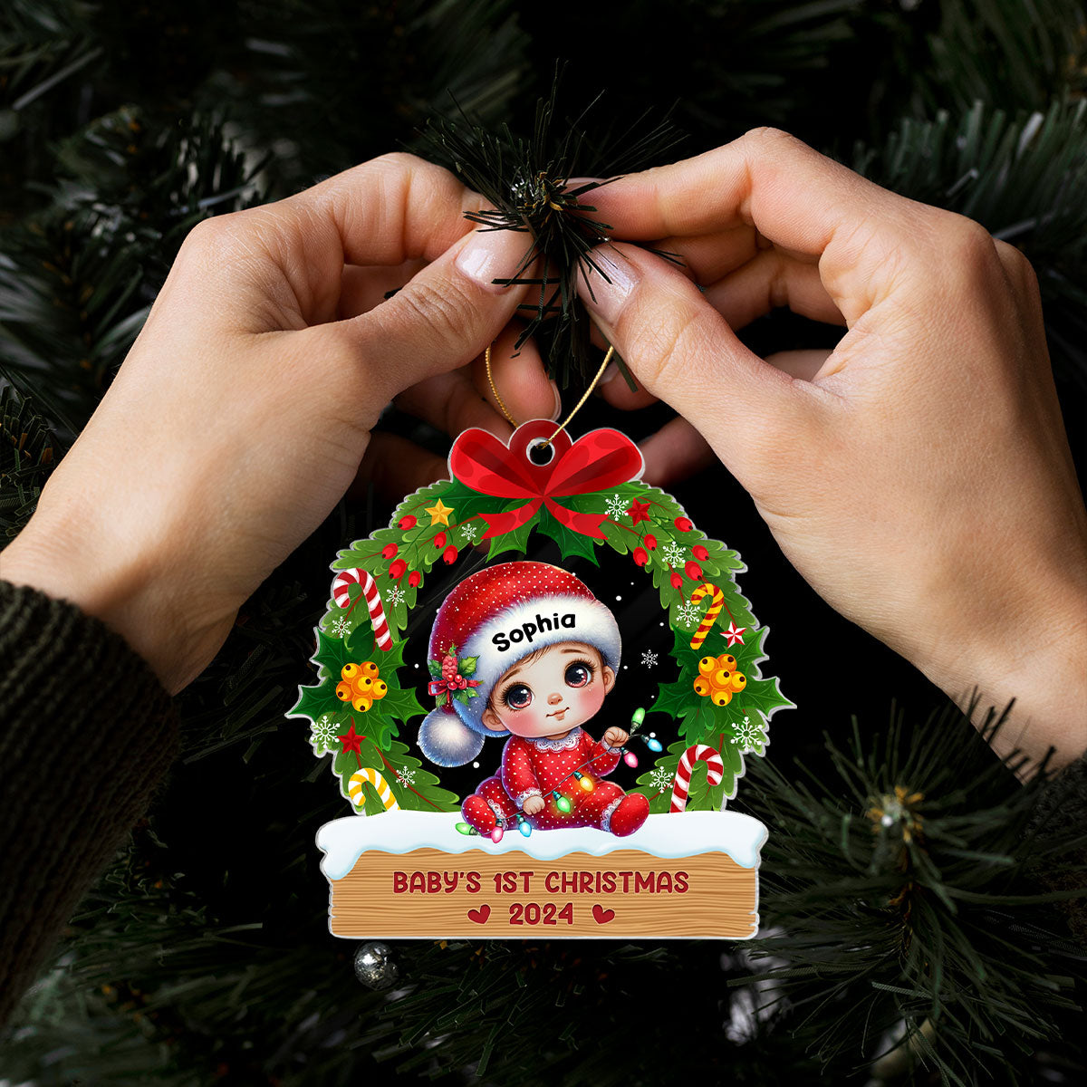 Baby's First Christmas Wreath Personalized Acrylic Ornament, Baby's First Christmas Keepsake for New Mom New Dad