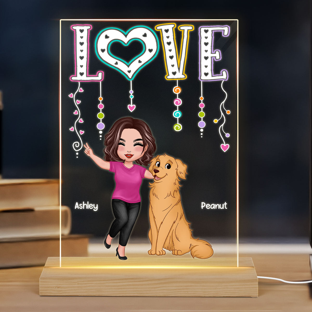LOVE Happy Doll Woman With Dogs Cats Gift For Dog Mom Cat Mom Personalized Rectangle Acrylic Plaque LED Night Light