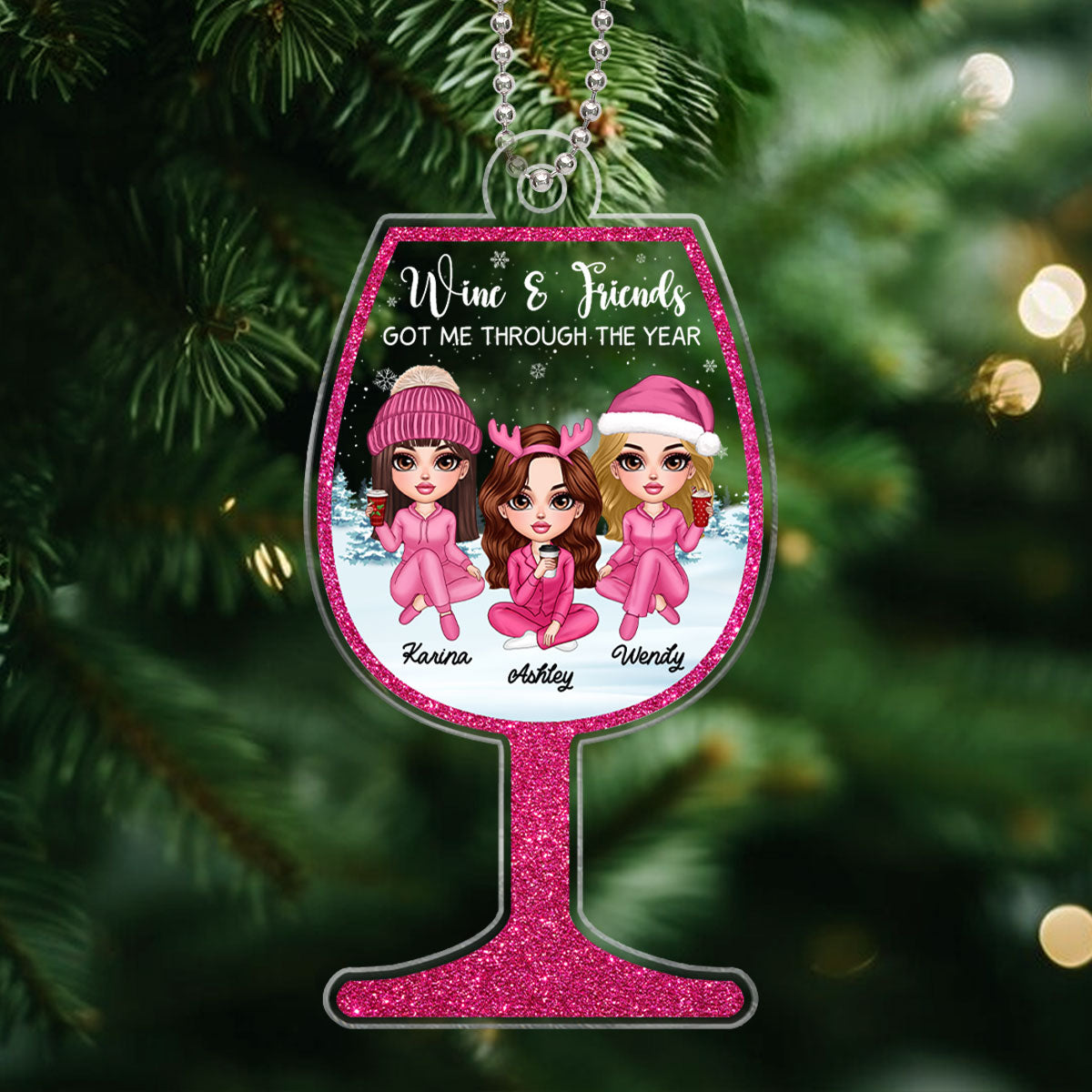 Wine Glass Pink Besties Sisters Personalized Acrylic Ornament, Christmas Gift