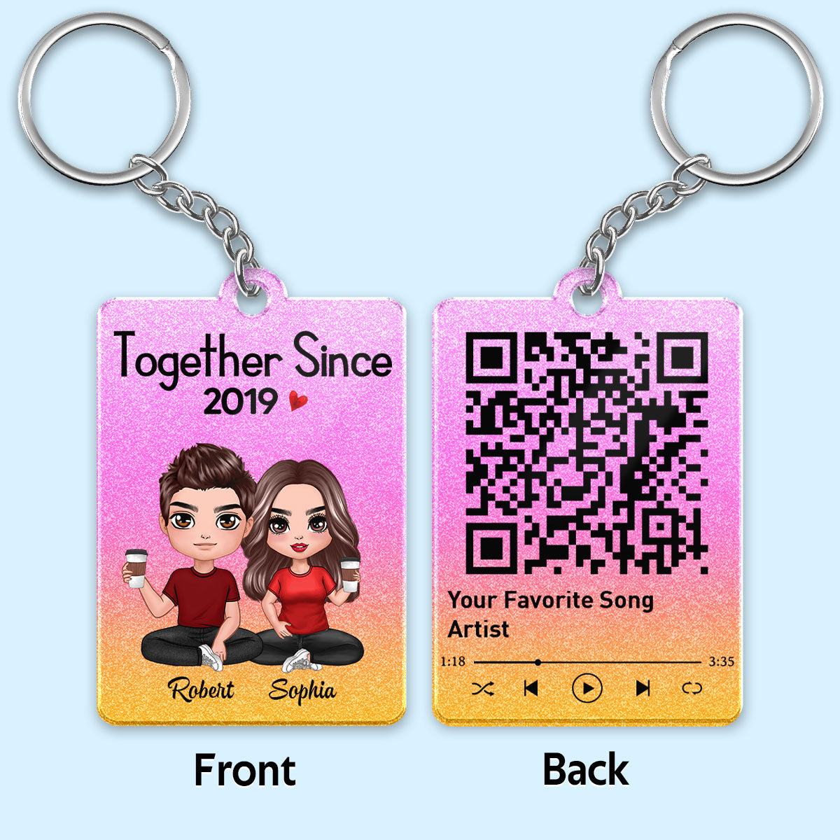Doll Couple Sitting Together Glitter Effect Favorite Song Scannable QR Code Personalized Acrylic Keychain [Not Real Glitter]