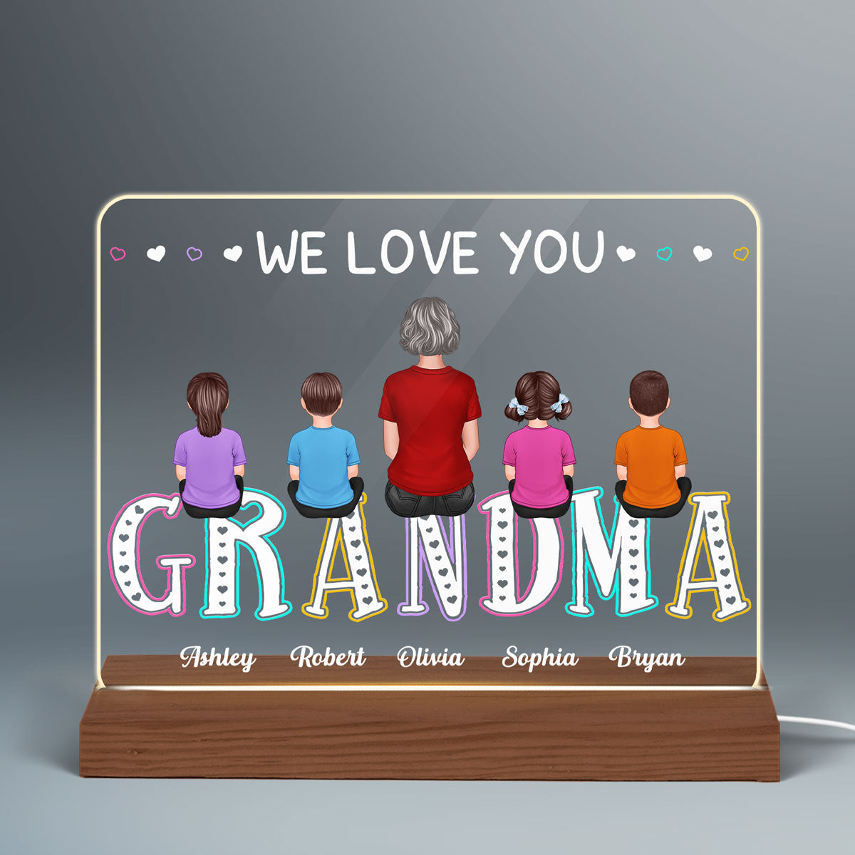 Grandma We Love You Colorful Back View Woman Sitting With Kids Personalized Horizontal Rectangle Custom Shaped Acrylic Plaque With Warm LED Night Light