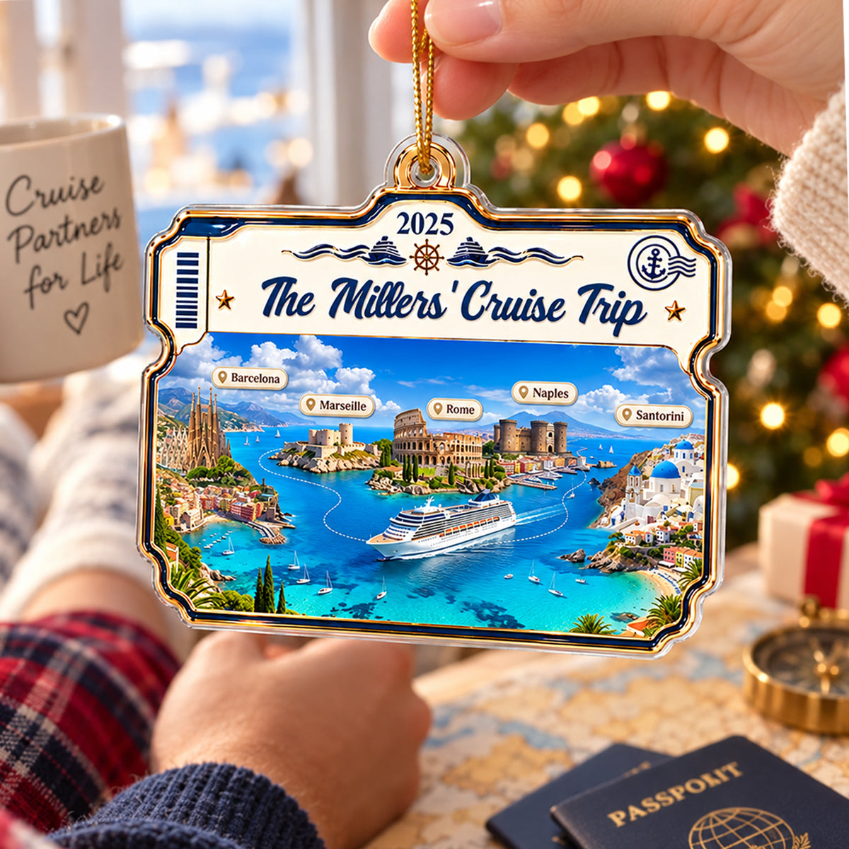 Cruise Destinations Cruise Ticket Frame 2D Flat Printed - Personalized Acrylic Ornament - Cruise Trip Keepsake, Christmas Tree Decor For Family, Couples