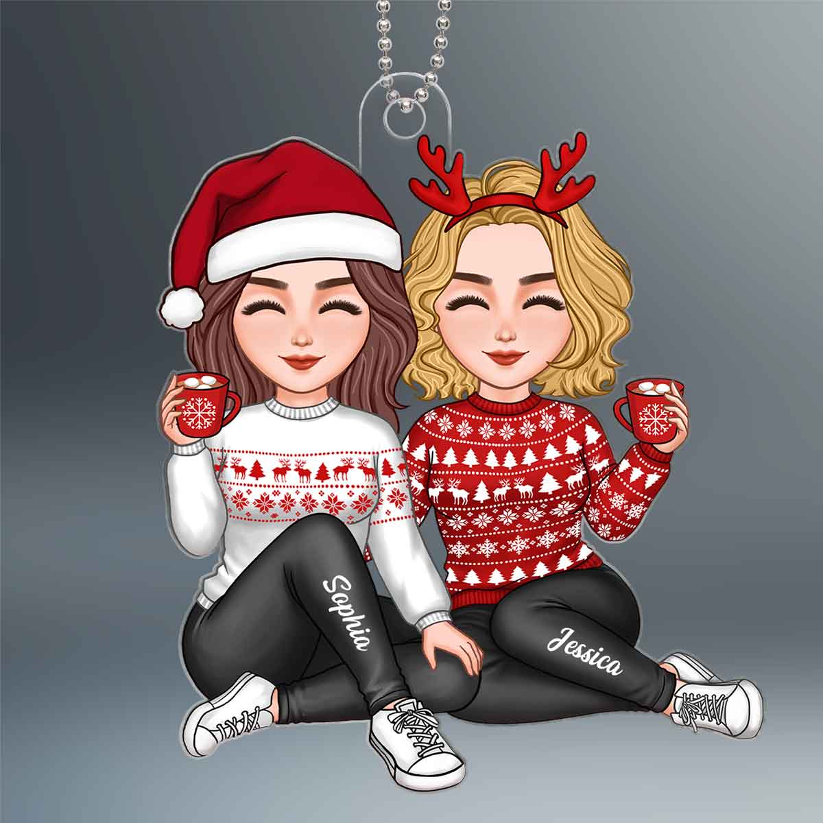 Cute Besties Sisters Sitting Together Christmas Gift For Friends Sisters Personalized Acrylic Ornament