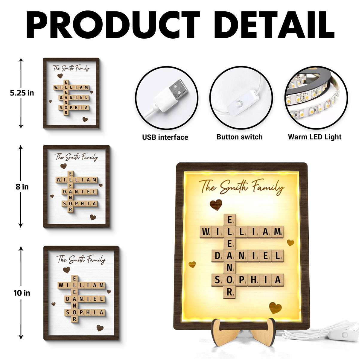 Family Crossword Art - Created In A Moment, Treasured Forever Personalized 2-Layer Wooden Plaque With LED, Gift for Mother's Day