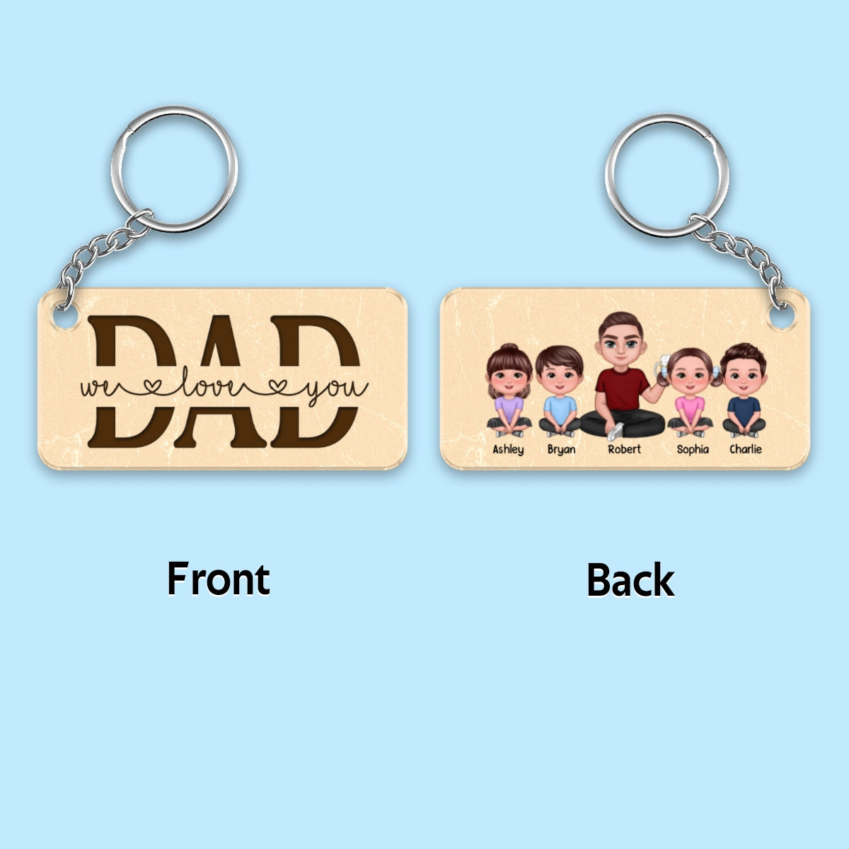 Sitting Doll Dad And Kids Pretty Personalized Acrylic Keychain