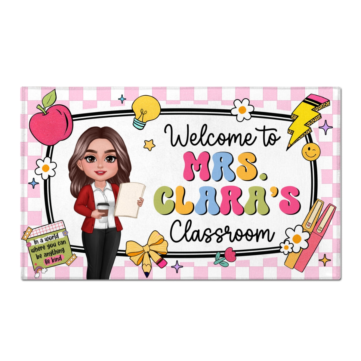 Teacher Checkered Pattern Welcome To Classroom Personalized Doormat| Back To School Gift, Classroom Decoration