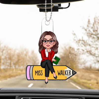 Doll Teacher Sitting On Pencil Personalized Car Ornament, Back To School Gift For Teacher