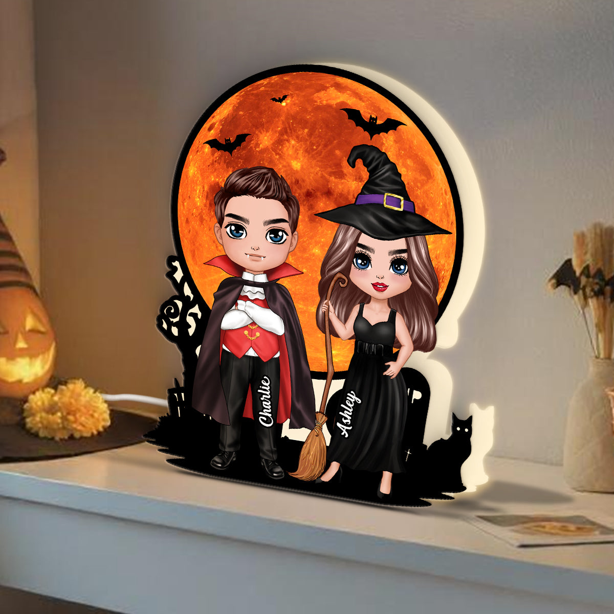 Couple Under Halloween Moon Tabletop Halloween Decor Personalized Light Box