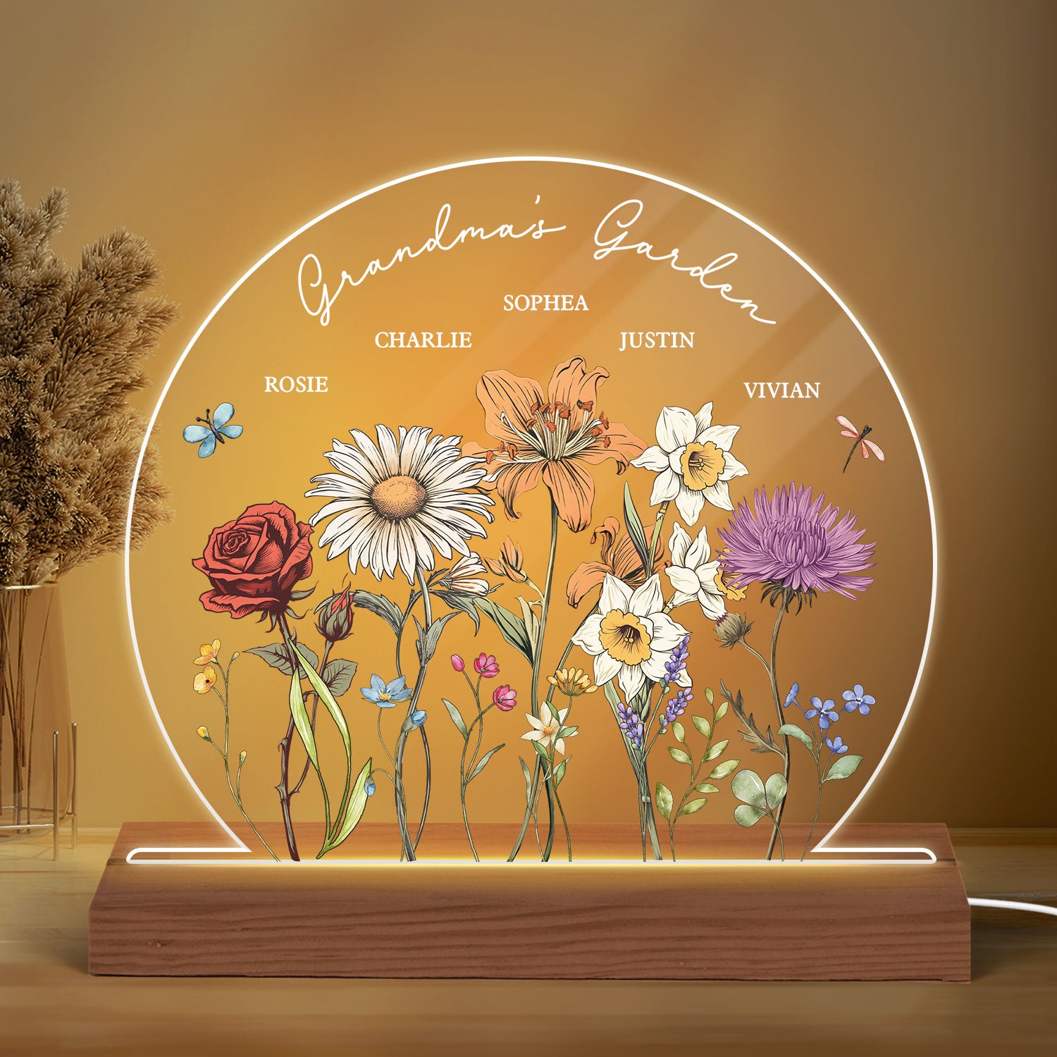 Grandma's Garden Birth Month Flower Personalized Circle LED Night Light, Christmas Gift For Mom, Gift For Grandma
