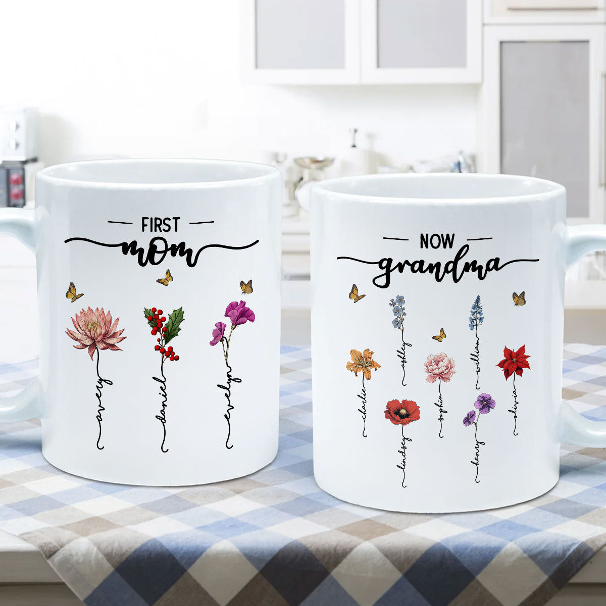 First Mom Now Grandma Birth Flower Personalized Mug