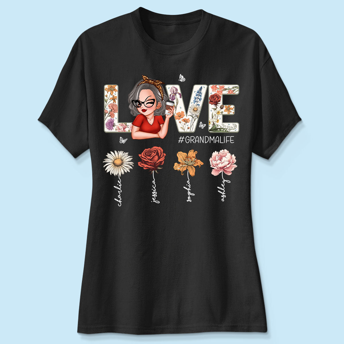 Love Grandma Life Vintage Birth Flowers With Kids Names Personalized Shirt