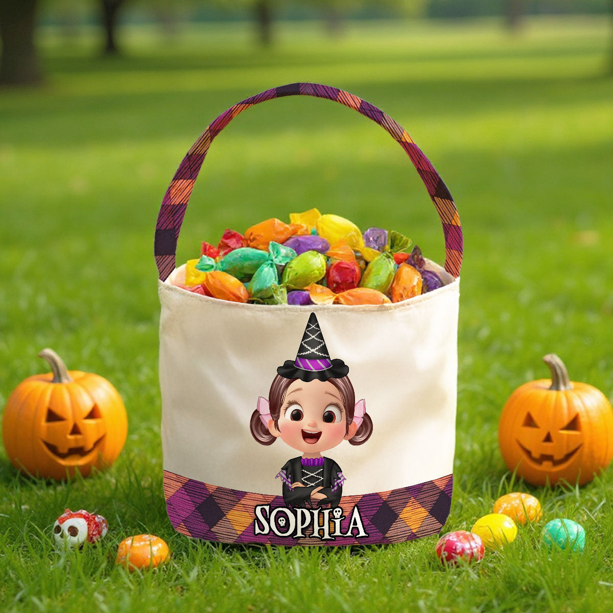 Halloween Cute Kids Personalized Trick or Treat Basket, Custom Names Candy Bucket for Kids