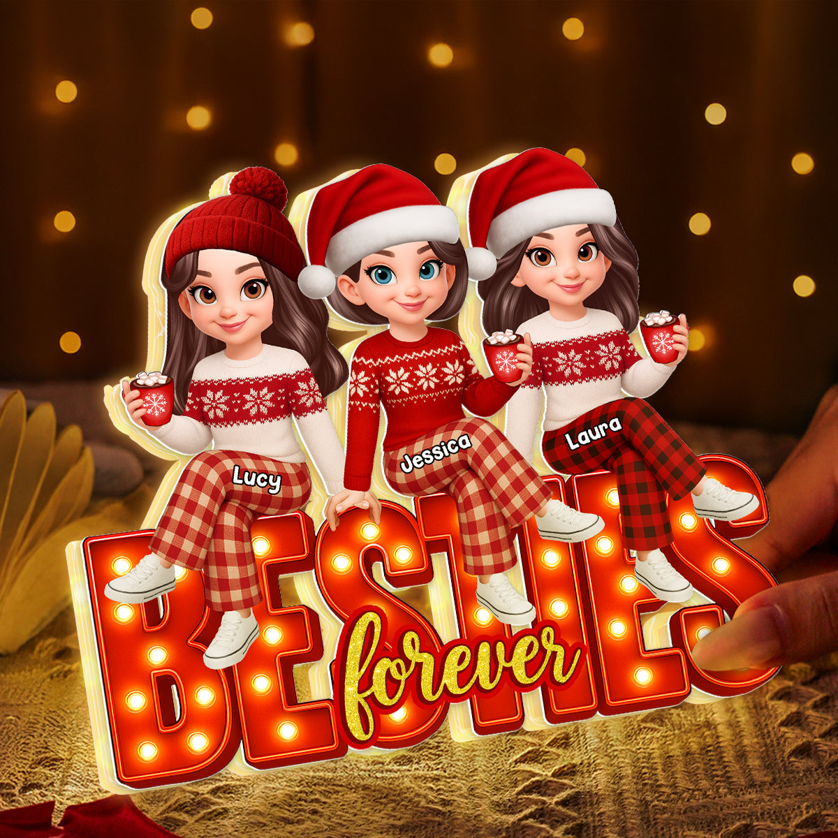 3D Effect Christmas Besties Forever - Personalized Light Box - Christmas Gift For Best Friends