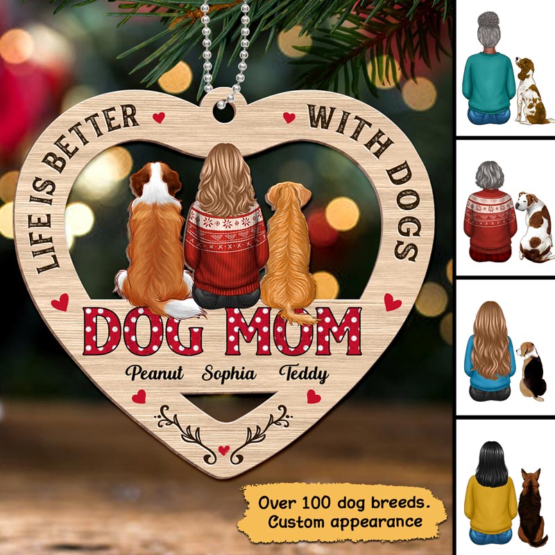 Dog Mom Sitting Polka Dogs Personalized Christmas Wooden Ornament