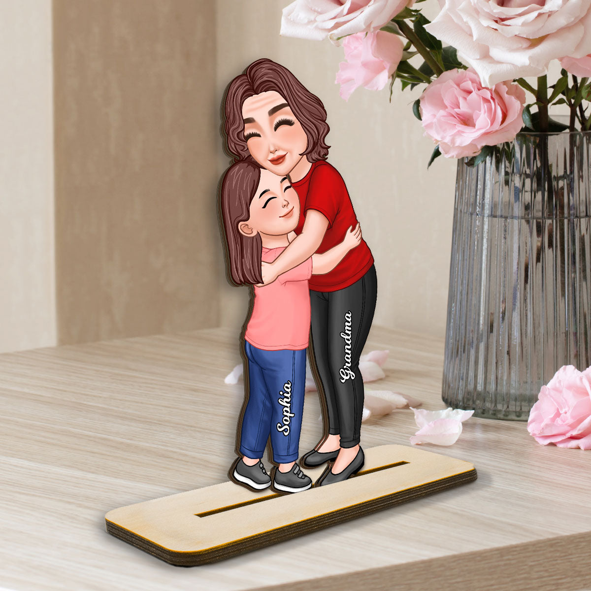 Grandma & Grandkid Hugging Gift For Grandma Gift For Granddaughter Grandson Grandchildren Personalized Standing Wooden Plaque