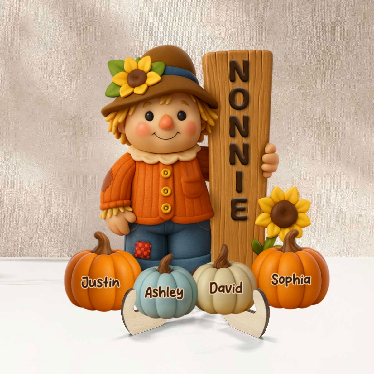 Grandma Scarecrow Standing Grandkids Pumpkins 3D Effect Personalized 2-Layer Wooden Plaque