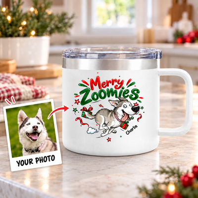 Merry Zoomies Quirky Dog Portrait From Your Custom Pet Photo - Personalized Stainless Steel Tumbler - Funny Christmas Gift For Dog Lover