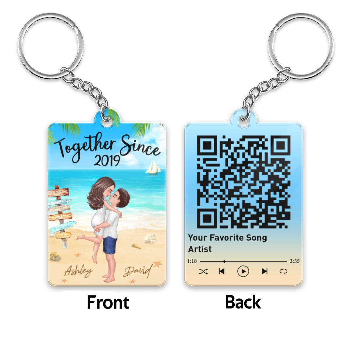 Doll Couple Hugging Kissing On The Beach Favorite Song Scannable QR Code Personalized Acrylic Keychain