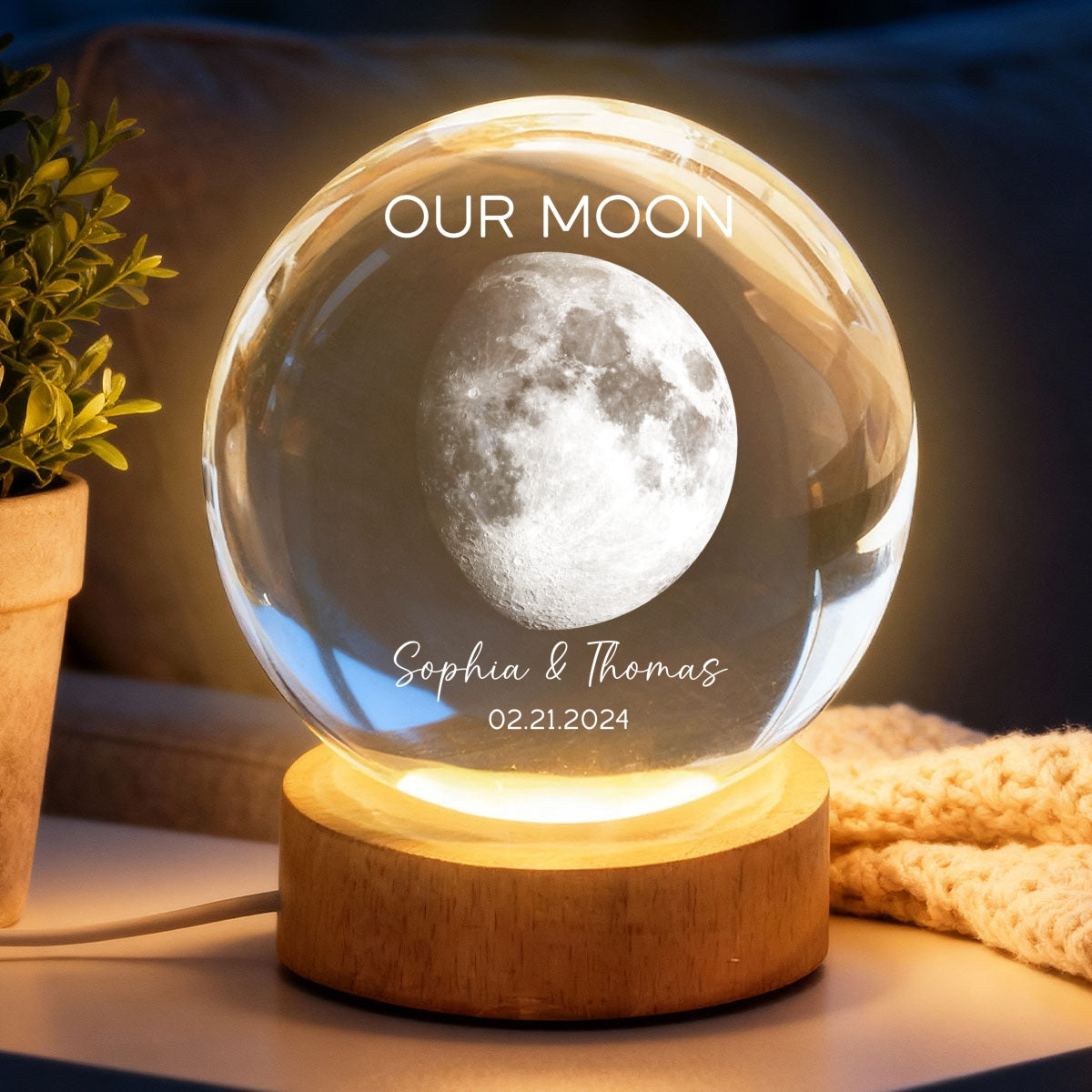 Our Moon Special Day Custom Moon Phase - Personalized Crystal Ball LED Night Light - Valentine's Day Gift For Couple
