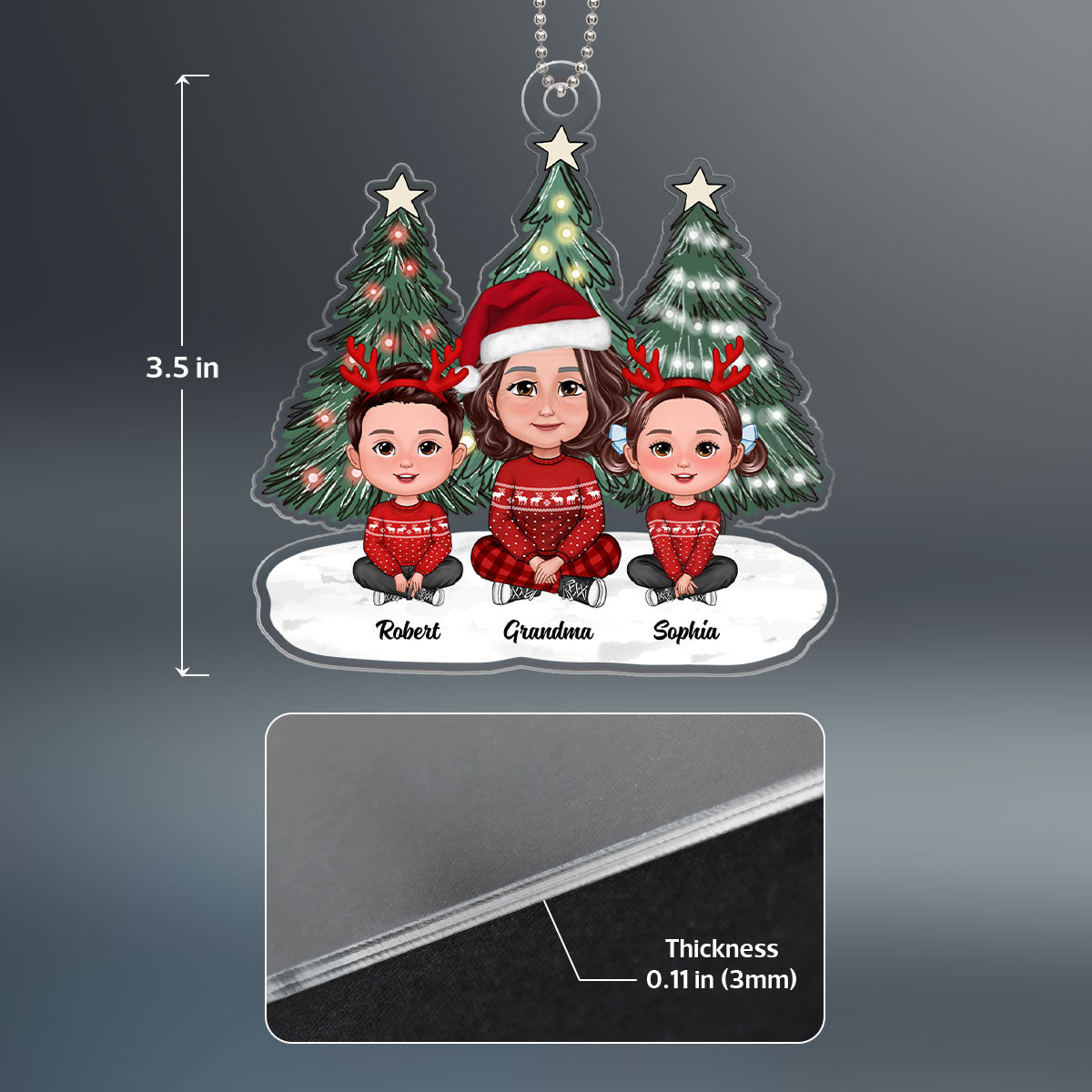 Christmas Green Tree Lights Cute Grandma & Grandkids Sitting Personalized Acrylic Ornament