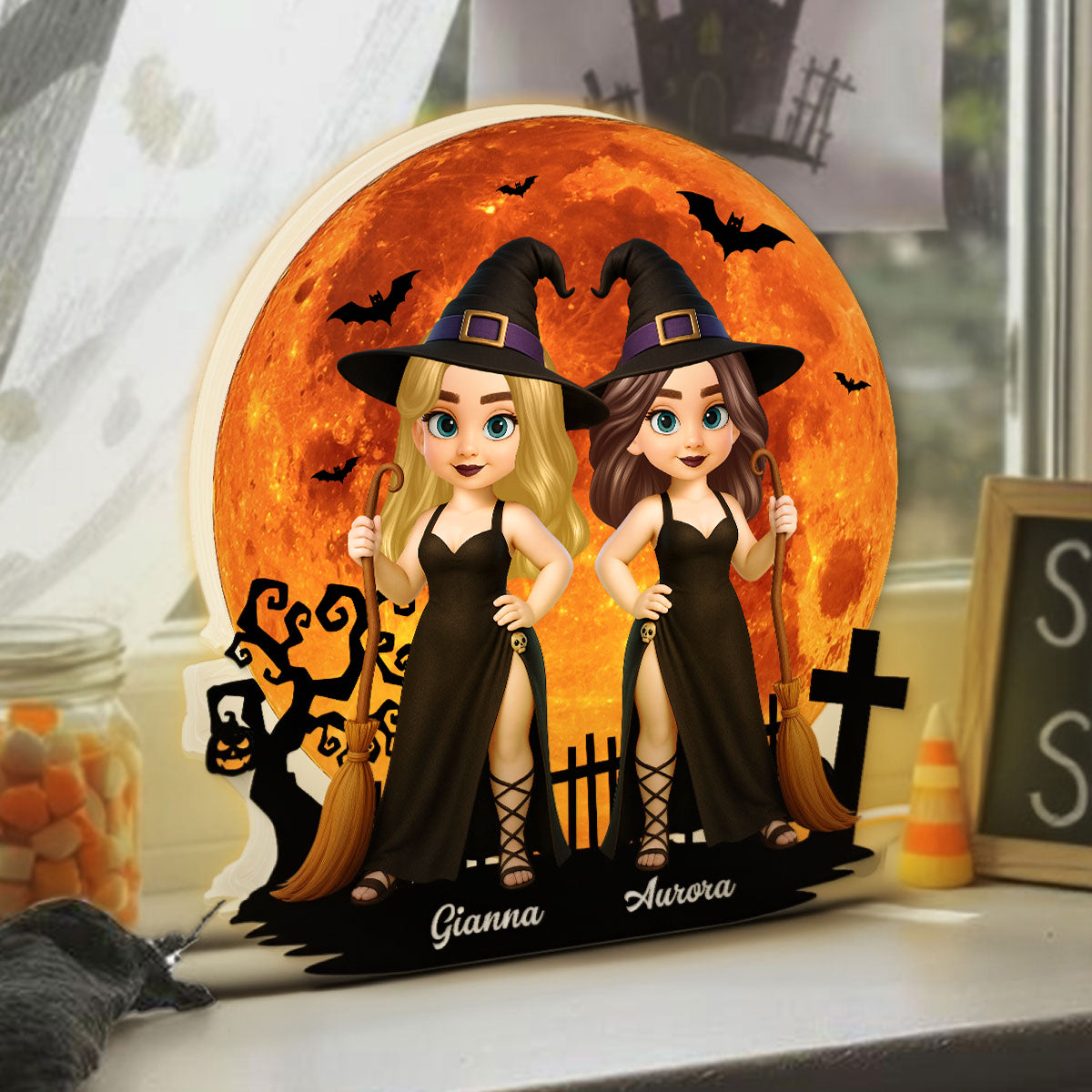 Cartoon Pretty Witch Under Halloween Moon Wicca Pagan Decor Personalized Light Box, Gift For Her