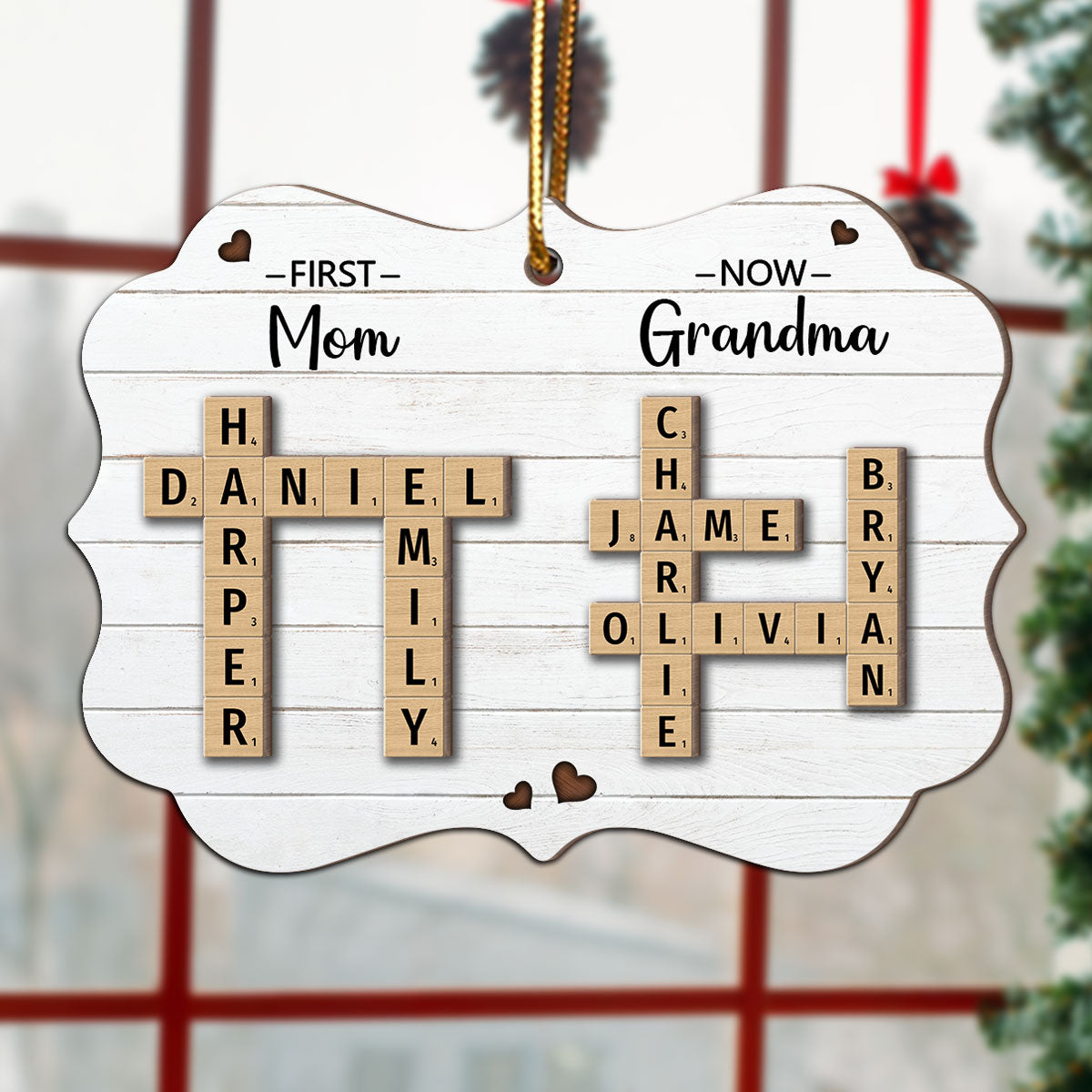 First Mom Now Grandma Crossword Puzzle Art Personalized 2-Layer Wooden Ornament, Christmas Gift For Grandma, Gift For Mom