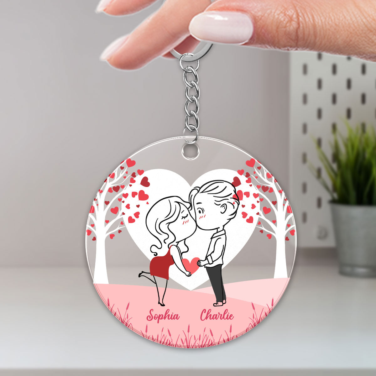 Line Art Couple Heart Tree Personalized Acrylic Keychain