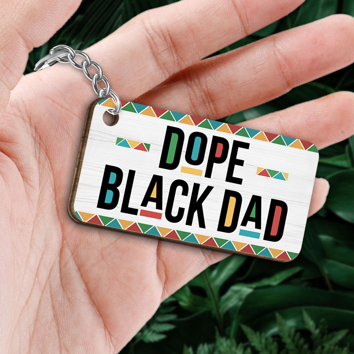 Black Dope Dad Colorful Pattern Back View Man Kids Dog Cat Personalized Wooden Keychain