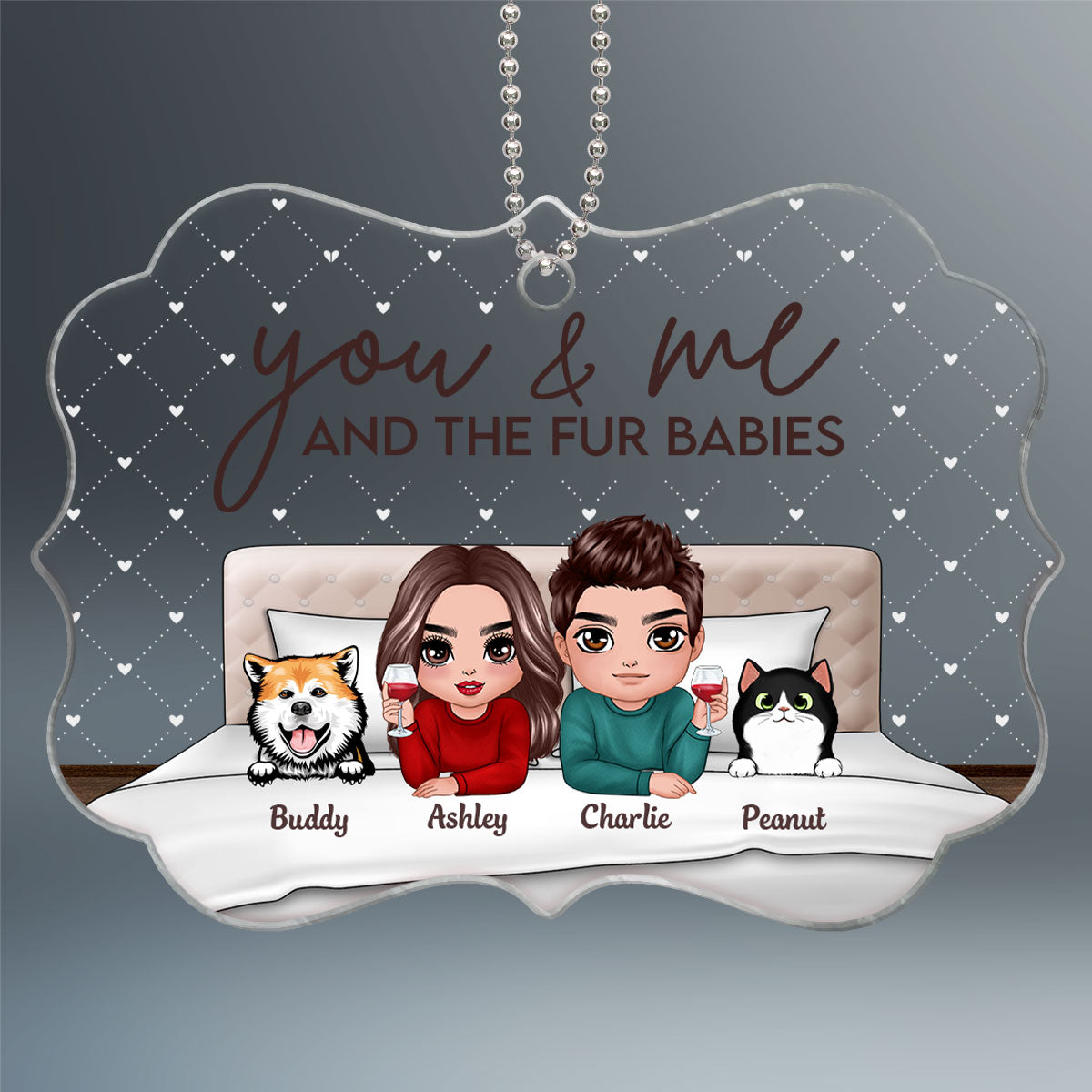 You Me And Fur Babies On Bed Couple Personalized Acrylic Ornament