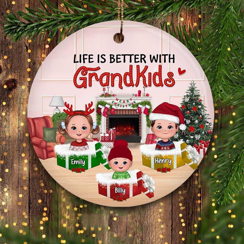 Kids Inside Christmas Box Personalized Circle Ornament
