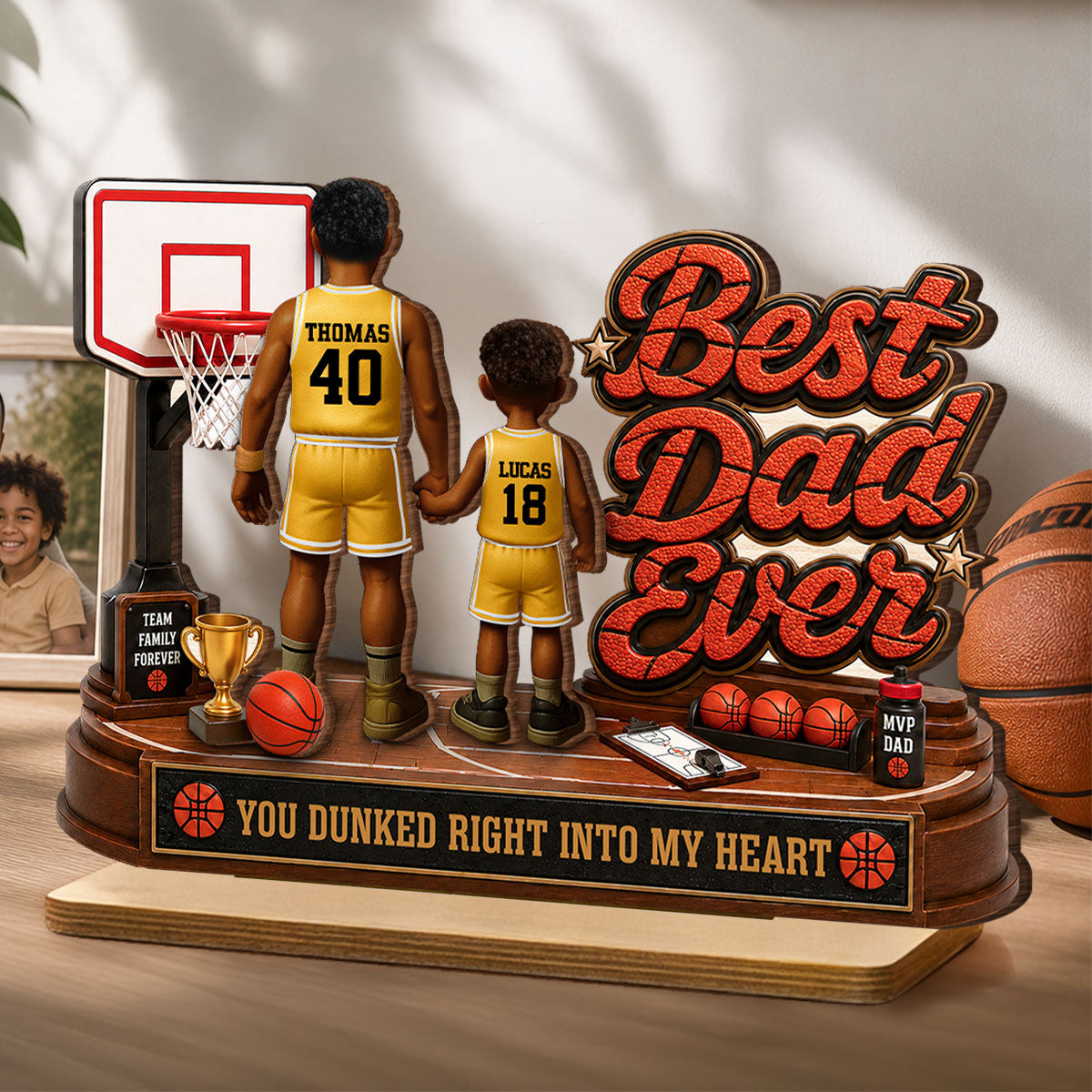 Best Basketball Dad Ever Dunked Right Into Our Hearts - Personalized 2-Layered Wooden Plaque - Father's Day Gift For Dad, Husband