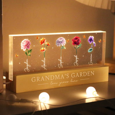 Grandma's Garden 3D Effect Birth Month Flowers Glowing Personalized Acrylic Block LED Night Light