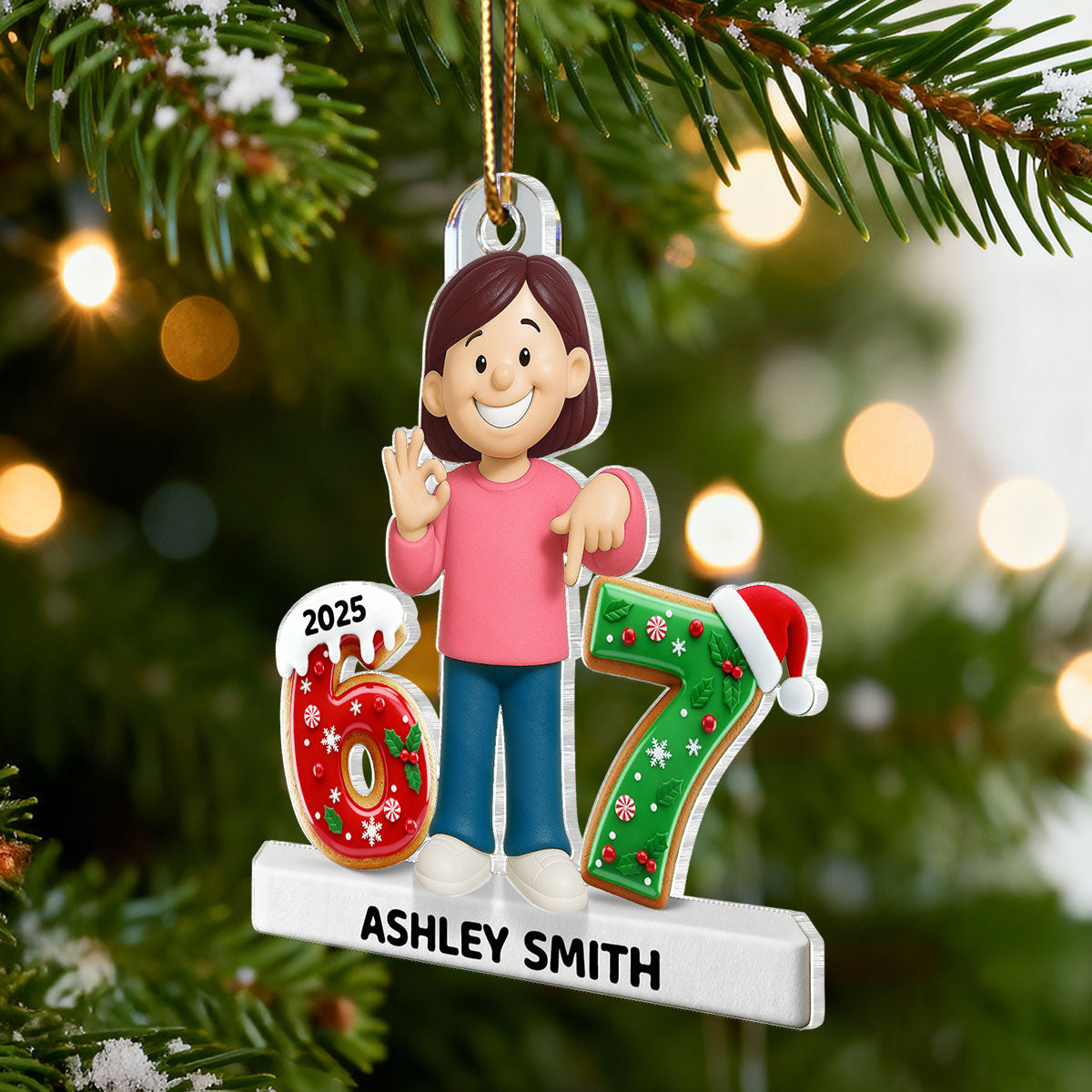 Teen Kid Custom Name Six Seven 3D Effect - Personalized Acrylic Ornament - 2025 Slang, Funny Teen Grandkid, Gen Alpha Christmas Gift