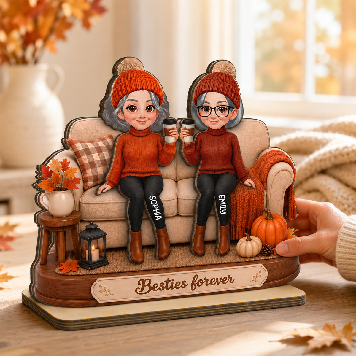 Besties Sitting On Pumpkin Spice Latte 2D Flat - Personalized Wooden Plaque - Cozy Fall Gift