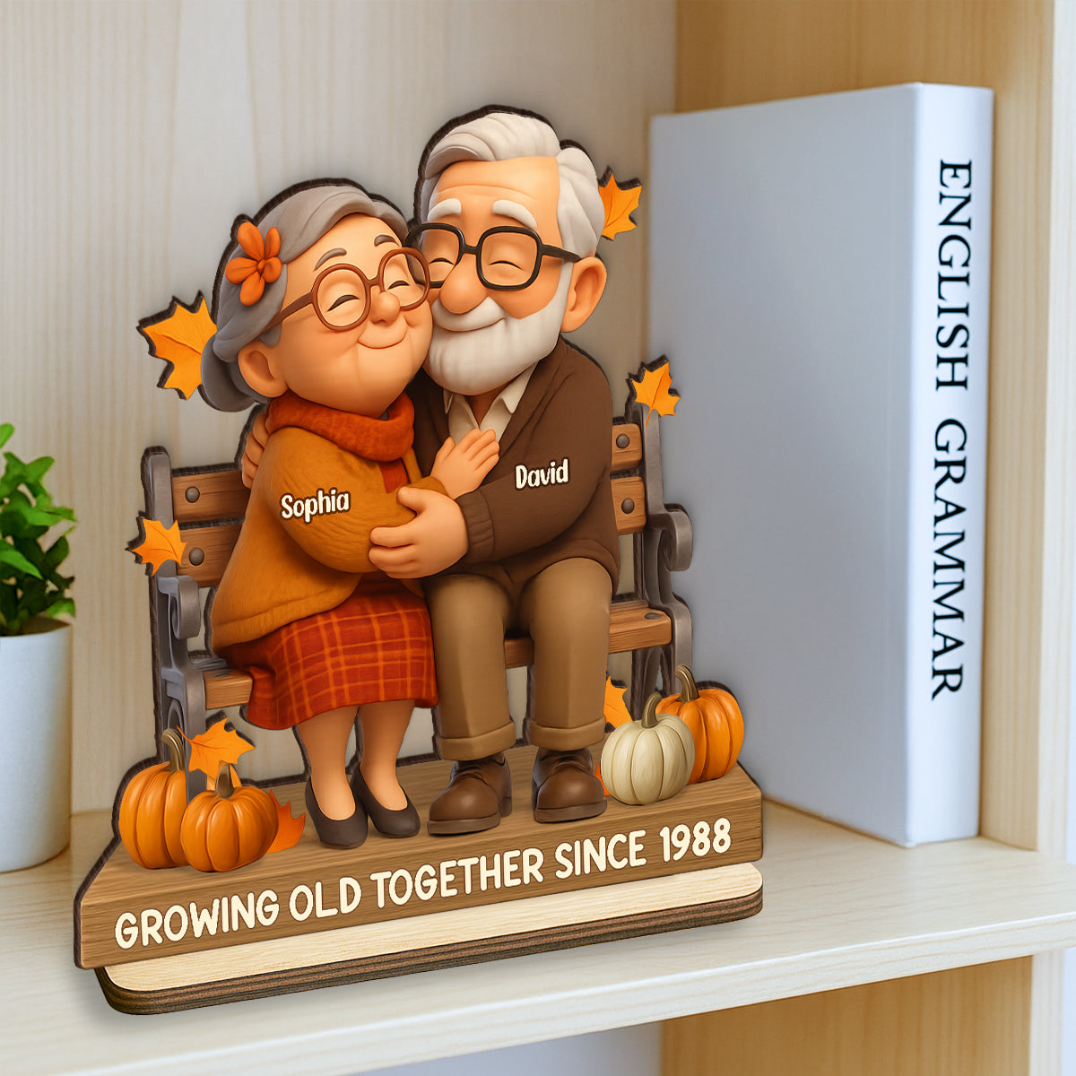 Old Couple Sitting Hugging Personalized Standing Wooden Plaque, Fall Decor for Couples