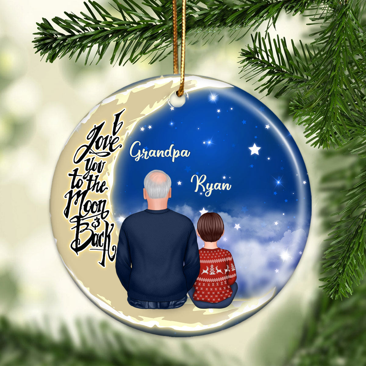 Grandpa Grandkids On Moon Personalized Circle Ornament