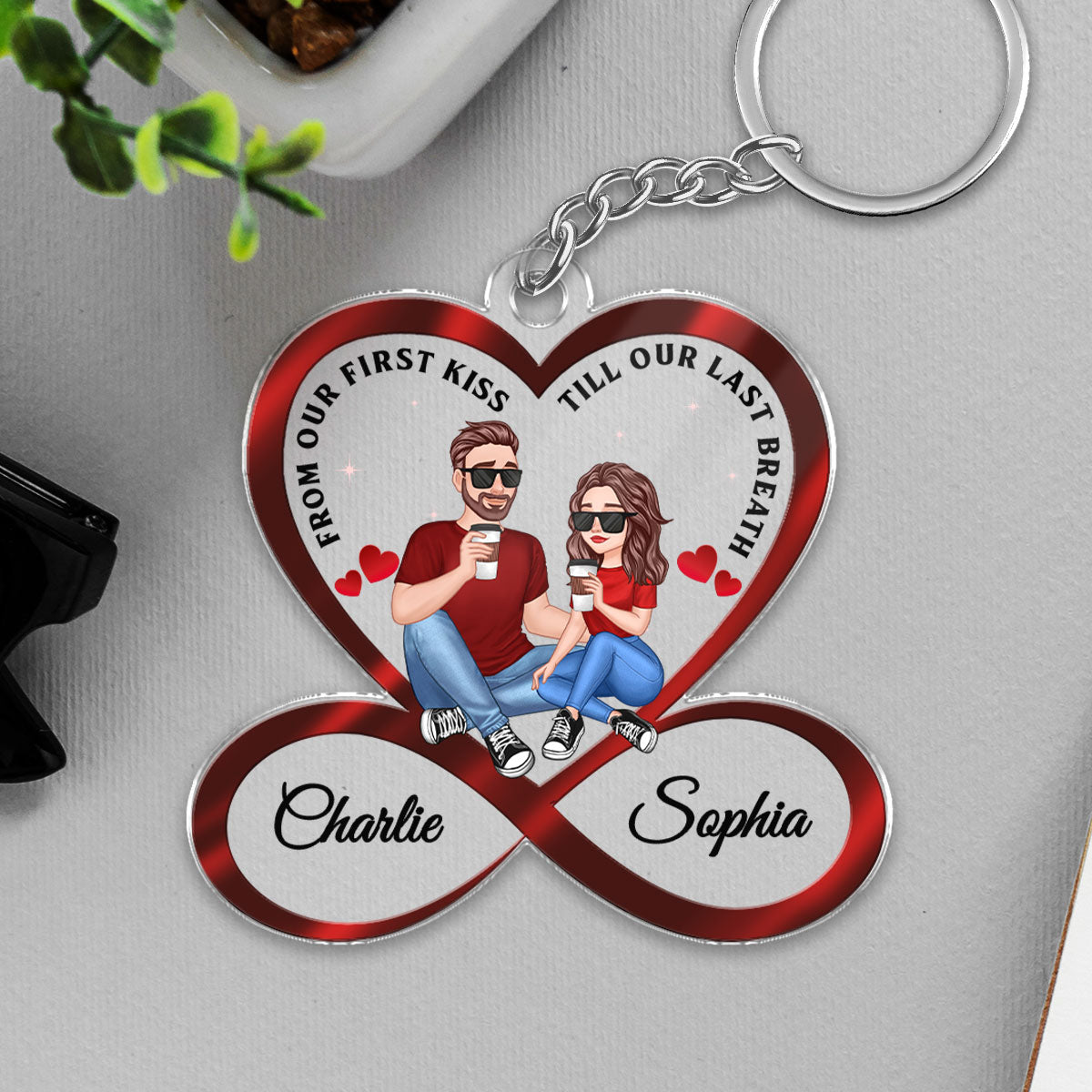 Infinity Heart Cartoon Couple Sitting Anniversary Gift For Him Gift For Her Personalized Acrylic Keychain