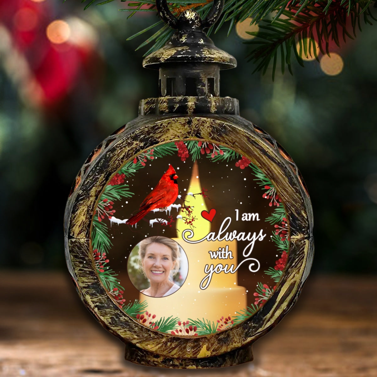 Always With You Holly Branch Cardinal Memorial Photo Upload Personalized Lantern Ornament, Remembrance Gift