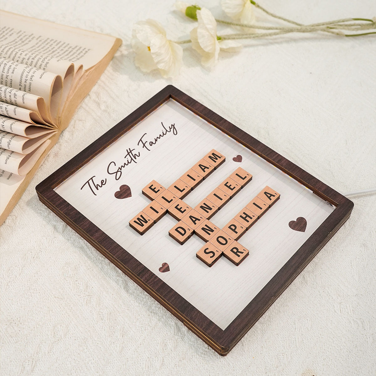 Family Crossword Art - Created In A Moment, Treasured Forever Personalized 2-Layer Wooden Plaque With LED, Gift for Mother's Day