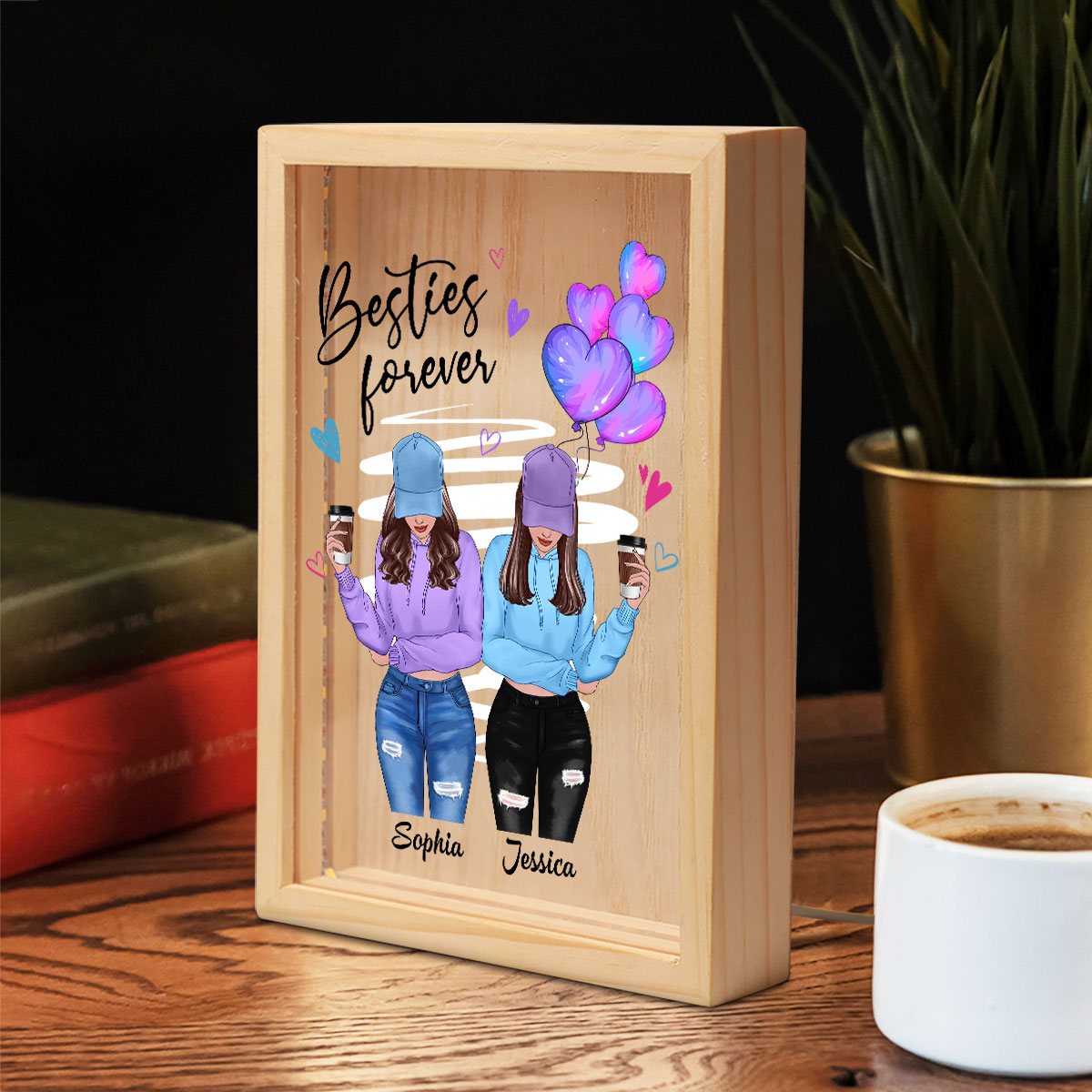 Besties Forever Front View Besties Personalized Wooden Frame Light Box